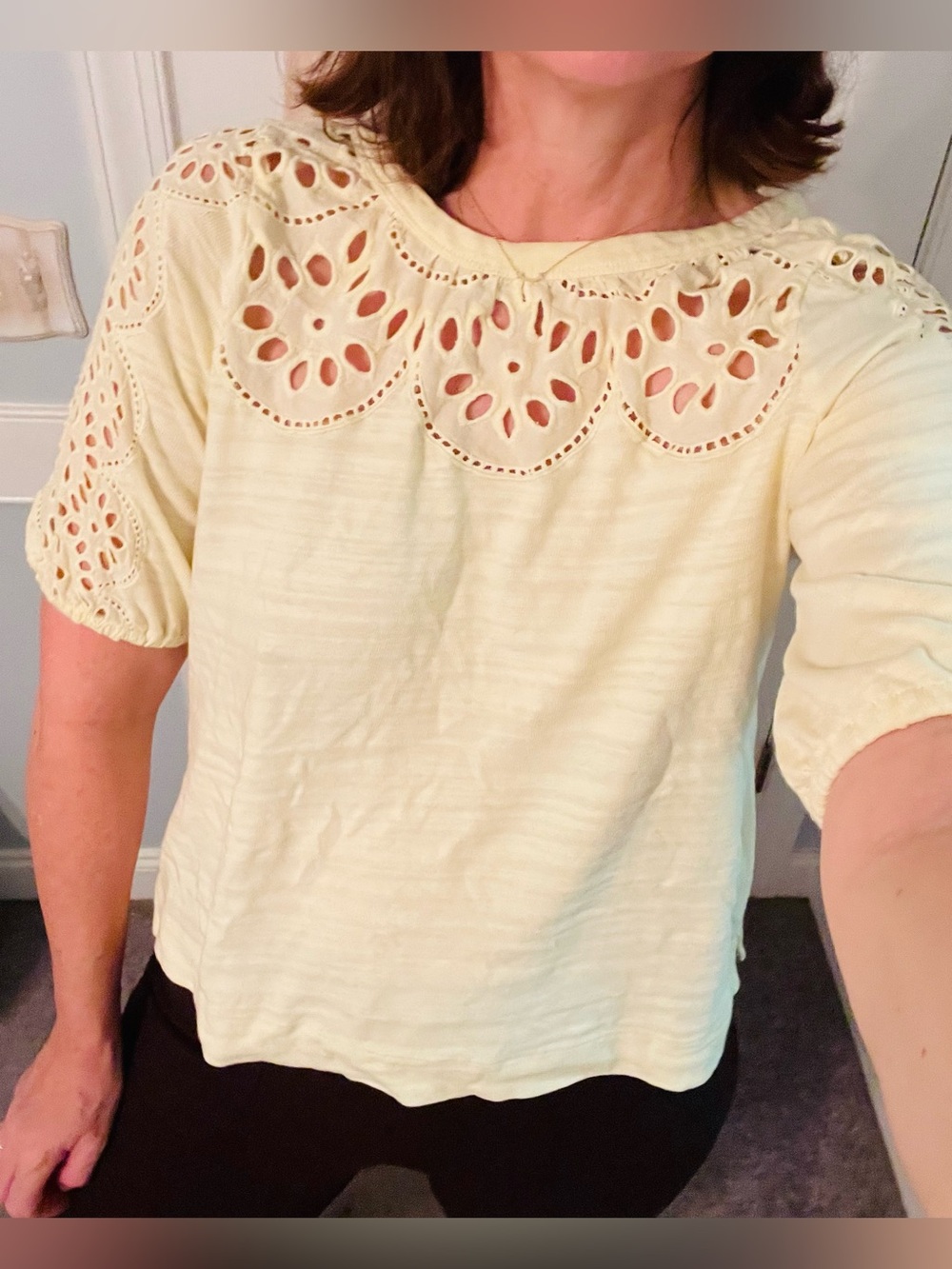 LOFT Pale Yellow Eyelet Yoke Short Sleeve Blouse